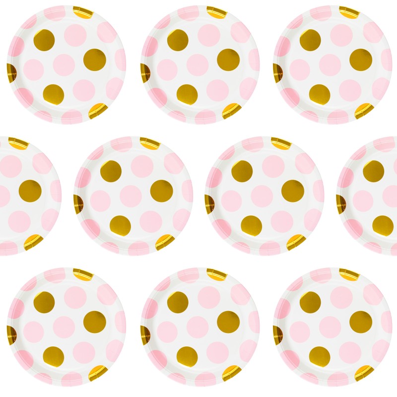 Zestaw Talerzyki Kubeczki groszki polka dot róż złote 30 sztuk