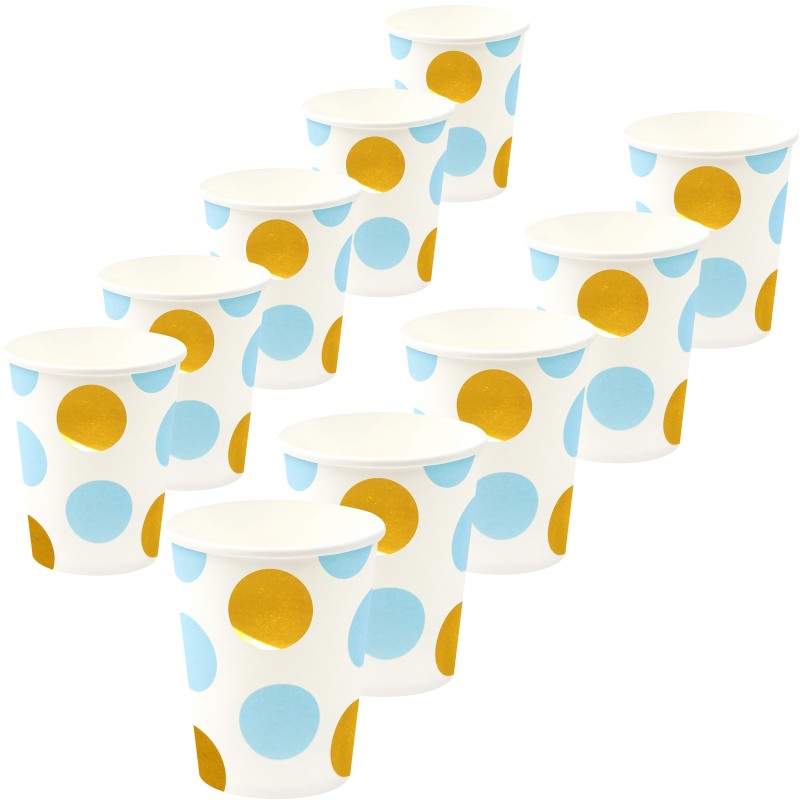 Kubeczki groszki polka dot niebieskie złote 10szt