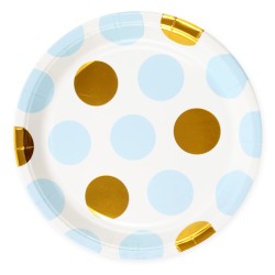 Talerzyki groszki polka dot niebieskie złote 23cm 10szt