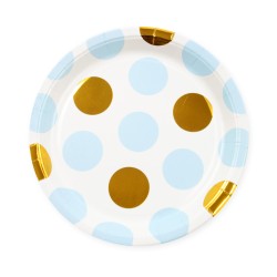 Talerzyki groszki polka dot niebieskie złote 18cm 10szt