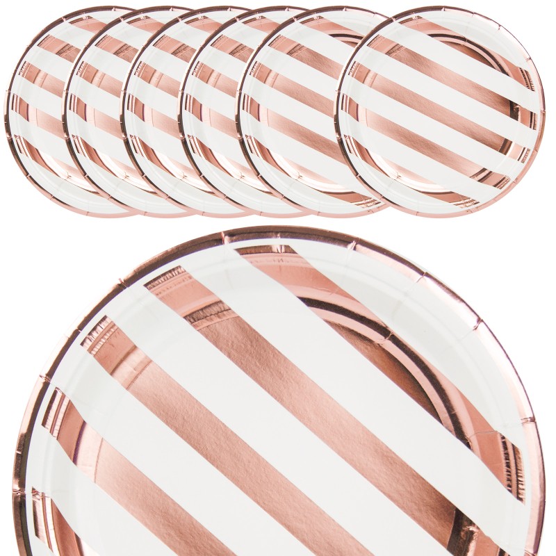 Talerzyki papierowe w paski rose gold 6szt 23cm