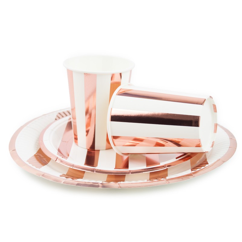 Talerzyki papierowe w paski rose gold 6szt 23cm