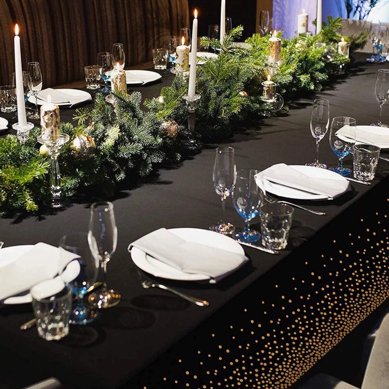 Obrus na stół imprezowy  czarny złote kropki 137x274cm