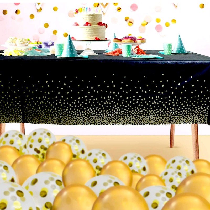 Obrus na stół imprezowy  czarny złote kropki 137x274cm