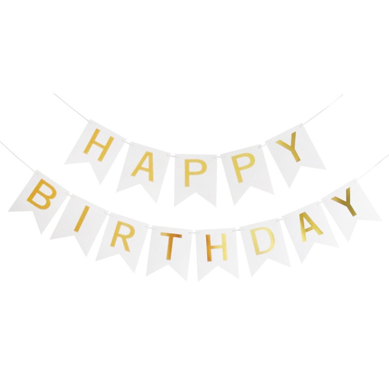 Baner biały urodziny napis happy birthday złote litery + tasiemka