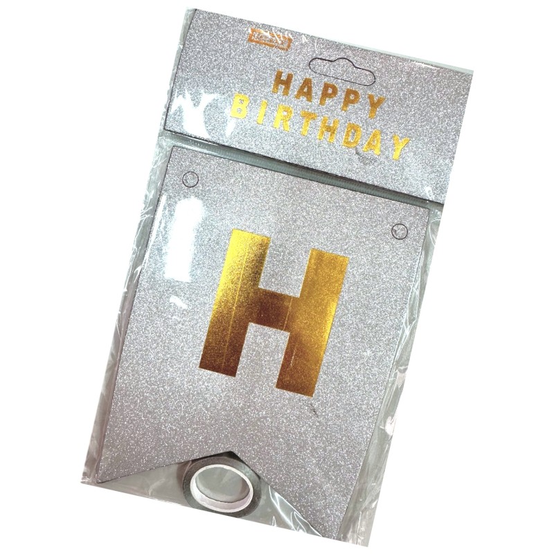 Girlanda Happy Birthday napis srebrna złote litery