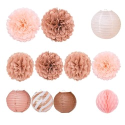 Girlanda dekoracyjna pompony lampiony rozety różowy Rose gold 11 szt.