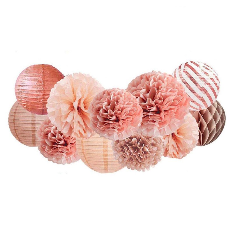 Girlanda dekoracyjna pompony lampiony rozety różowy Rose gold 11 szt.