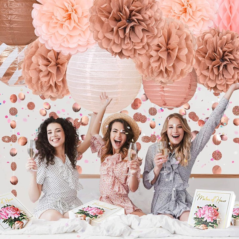 Girlanda dekoracyjna pompony lampiony rozety różowy Rose gold 11 szt.