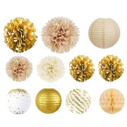 Girlanda dekoracyjna pompony rozety złoto biała 11 szt.