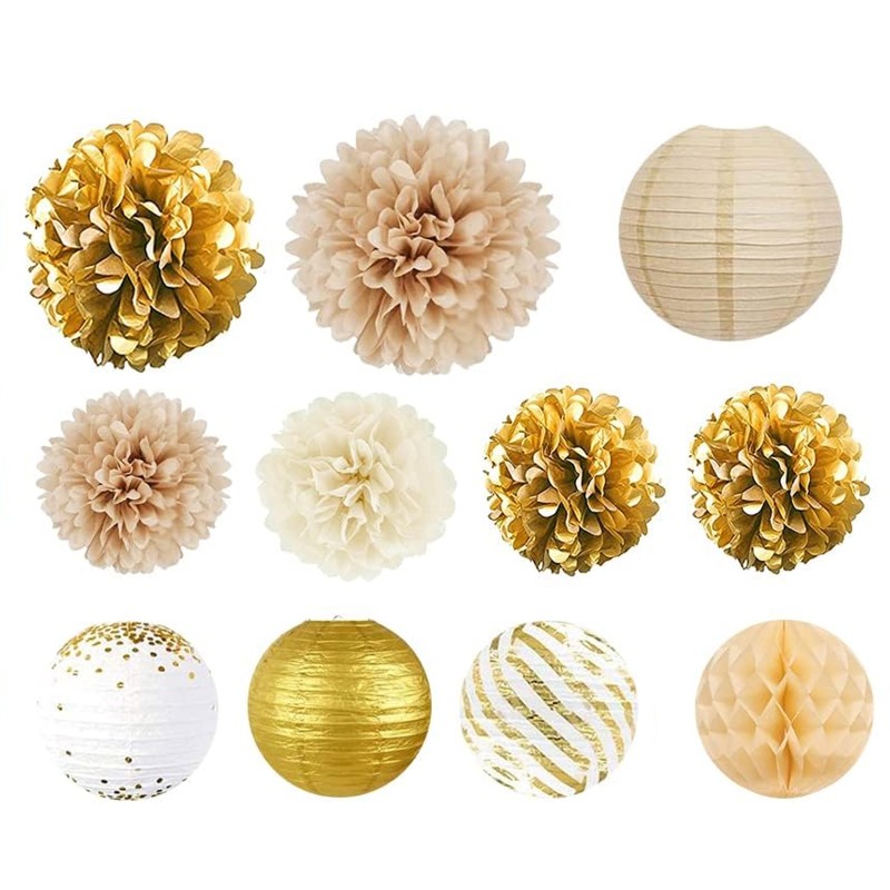 Girlanda dekoracyjna pompony rozety złoto biała 11 szt.