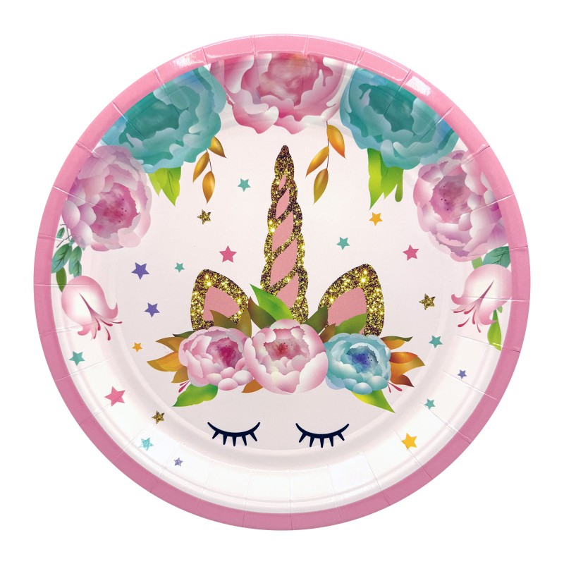 Talerzyki papierowe Jednorożec różowy 18 cm 6 szt.