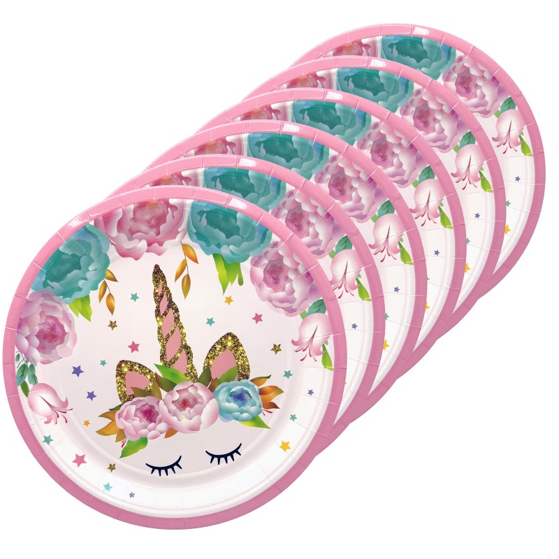 Talerzyki papierowe Jednorożec różowy 18 cm 6 szt.