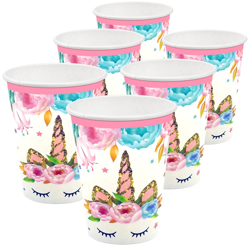 Zestaw kubeczki talerzyki papierowe jednorożec różowy 12 szt.