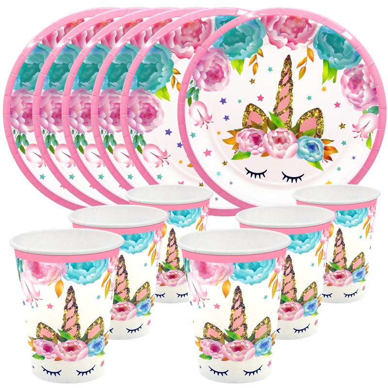 Zestaw kubeczki talerzyki papierowe jednorożec różowy 12 szt.