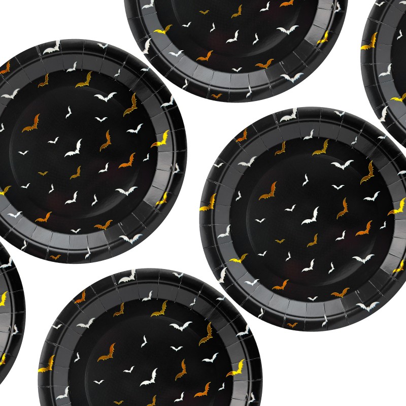 Talerzyki Halloween Nietoperze czarno złote papierowe 23 cm 6szt