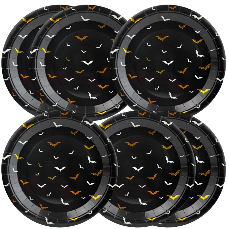 Talerzyki Halloween Nietoperze czarno złote papierowe 23 cm 6szt