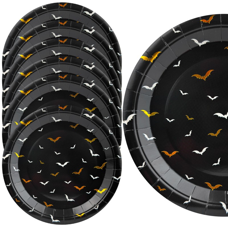 Talerzyki Halloween Nietoperze czarno złote papierowe 23 cm 6szt