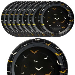 Talerzyki Halloween Nietoperze czarno złote papierowe 18 cm 8szt
