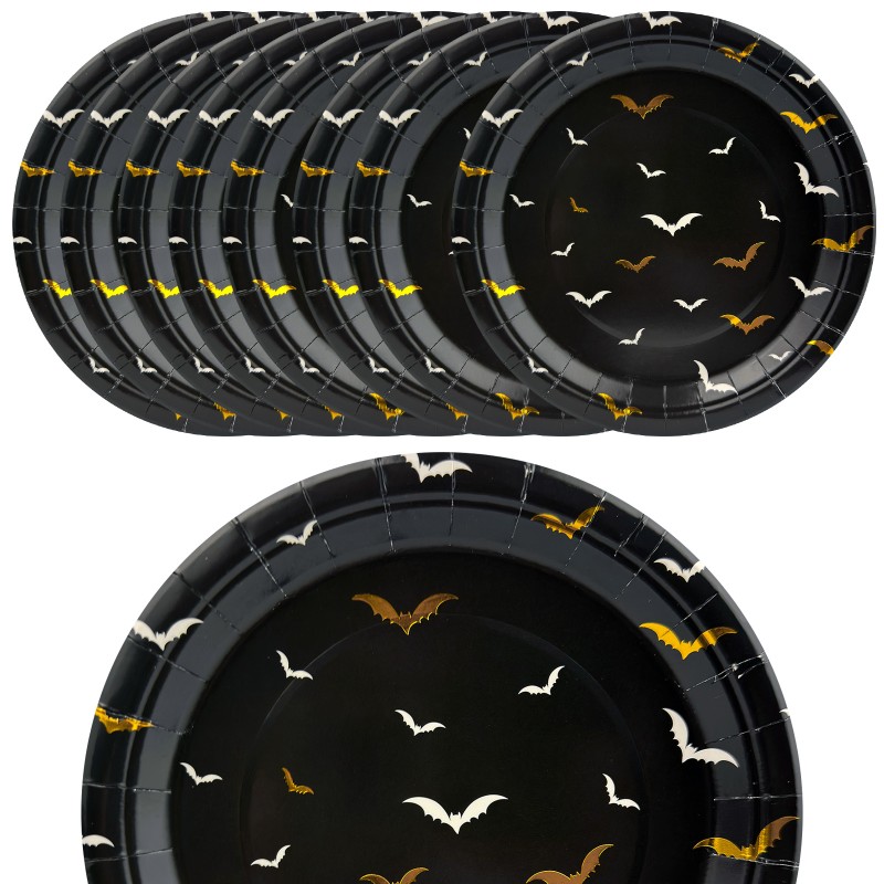 Talerzyki Halloween Nietoperze czarno złote papierowe 18 cm 8szt
