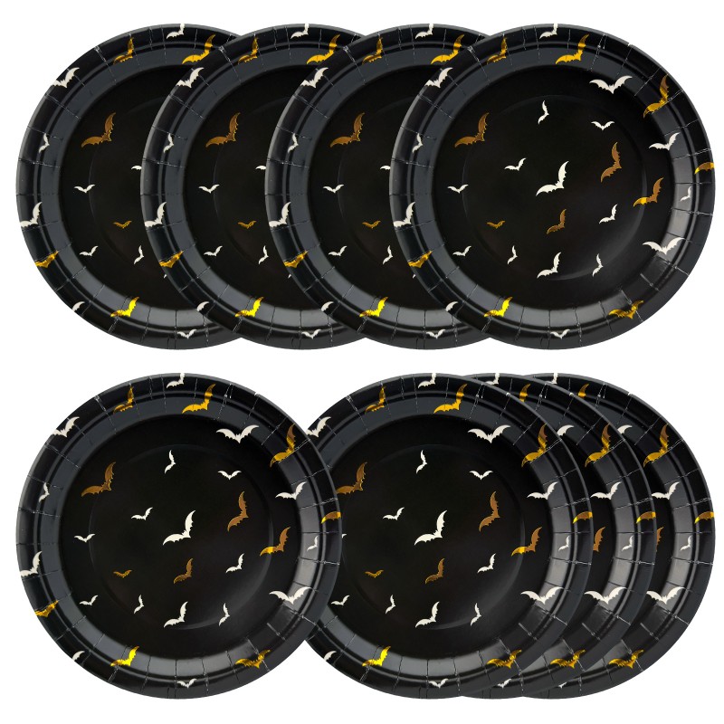 Talerzyki Halloween Nietoperze czarno złote papierowe 18 cm 8szt