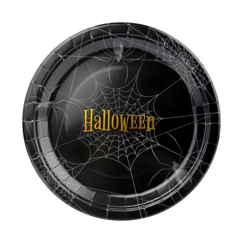 Talerzyki Napis Halloween Pająk Pajęczyna papierowe 18 cm 8szt