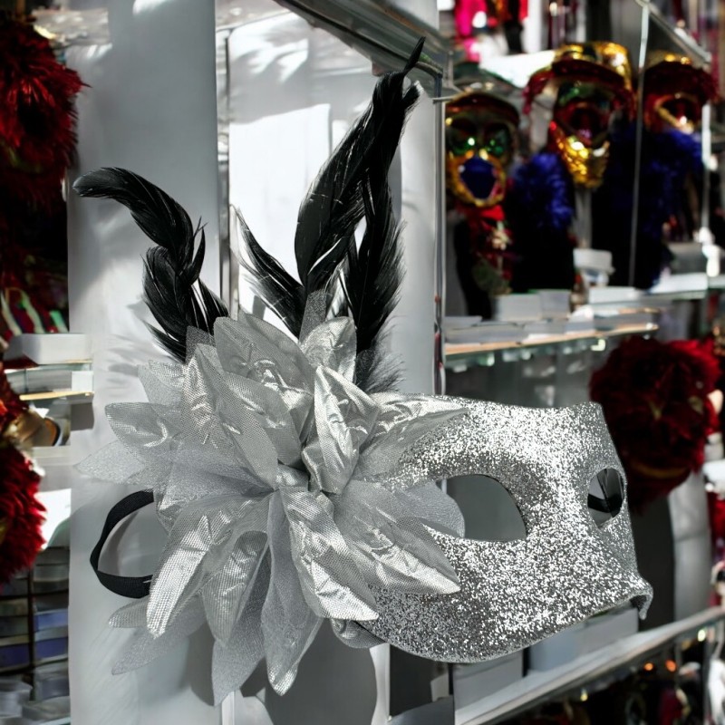 Maska Wenecka Karnawałowa z Brokatem i Piórami