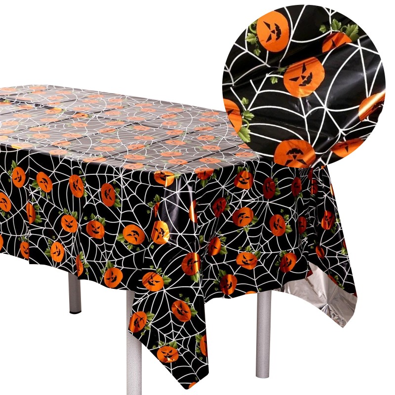 Metaliczny Obrus Halloween z Dyniami i Pajęczyną