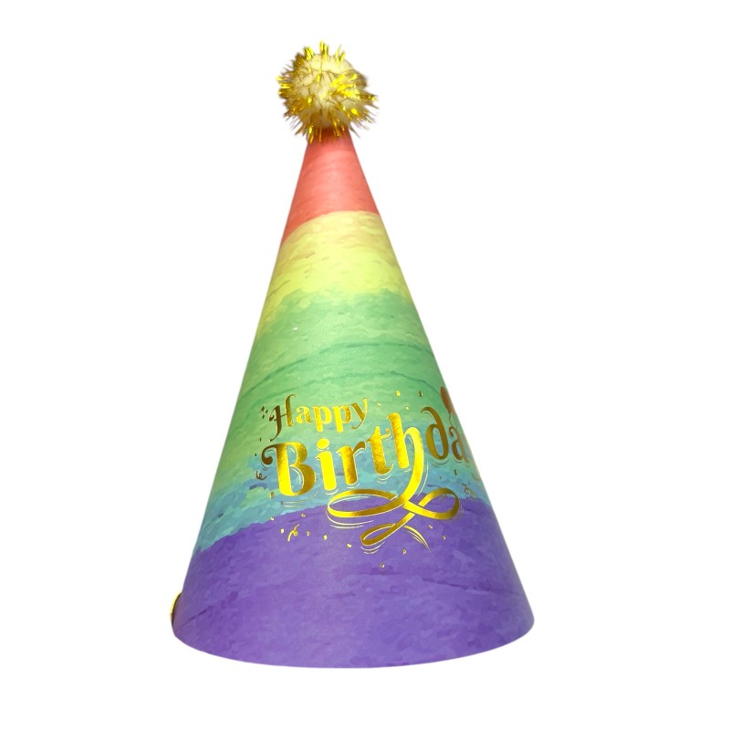 Czapeczka urodzinowa z pomponem tęczowa Kolorowa Happy Birthday