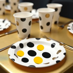 Talerzyki papierowe jednorazowe 23cm w czarne i złote kropki 10szt