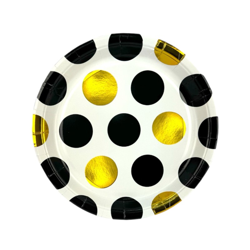 Zestaw Papierowych Talerzyków i Kubeczków w Złote i Czarne Kropki 20szt