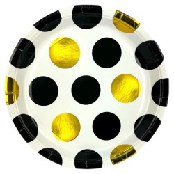 Zestaw Papierowych Talerzyków i Kubeczków w Złote i Czarne Kropki 20szt