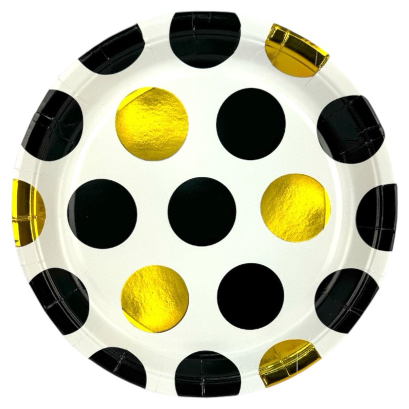 Zestaw Papierowych Talerzyków i Kubeczków w Złote i Czarne Kropki 20szt