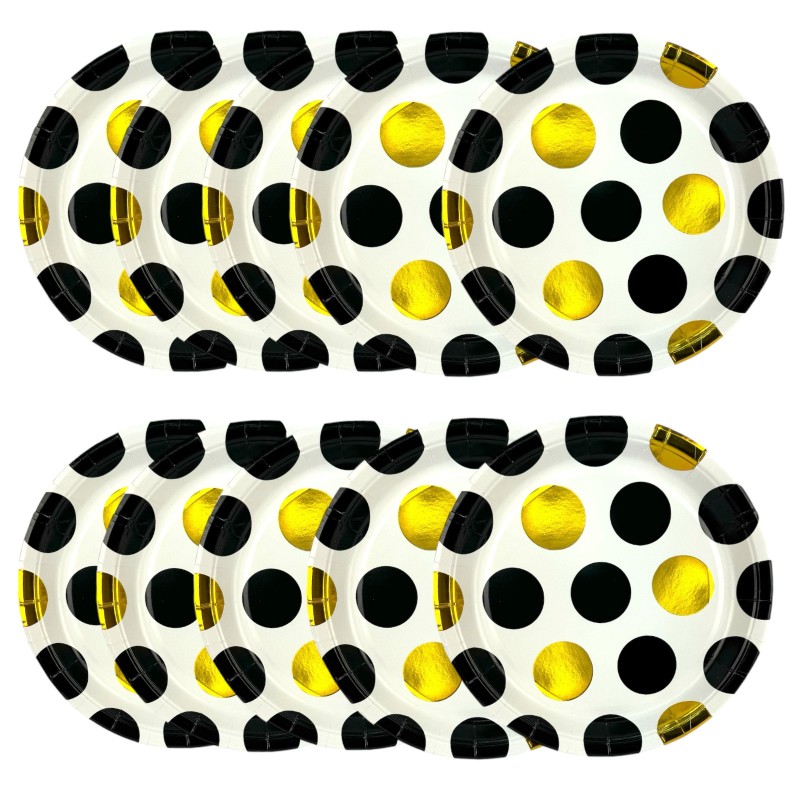 Zestaw Papierowych Talerzyków i Kubeczków w Złote i Czarne Kropki 20szt
