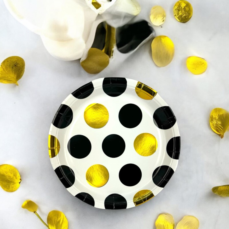 Zestaw Papierowych Talerzyków i Kubeczków w Złote i Czarne Kropki 20szt