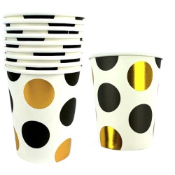 Zestaw Papierowych Talerzyków i Kubeczków w Złote i Czarne Kropki 20szt