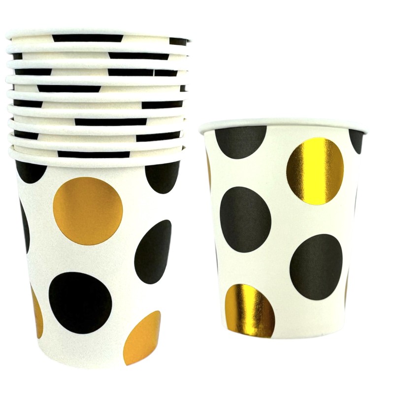 Zestaw Papierowych Talerzyków i Kubeczków w Złote i Czarne Kropki 20szt