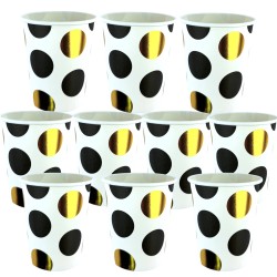 Zestaw Papierowych Talerzyków i Kubeczków w Złote i Czarne Kropki 20szt