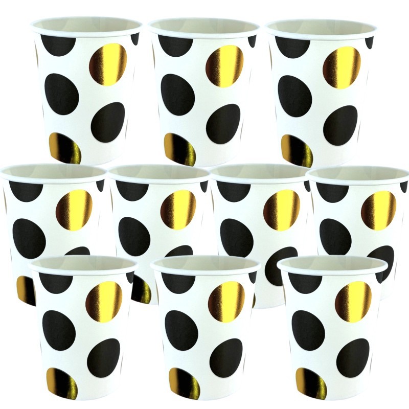 Zestaw Papierowych Talerzyków i Kubeczków w Złote i Czarne Kropki 20szt