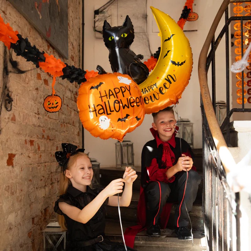 Balon foliowy Czarny Kot Księżyc Happy Halloween