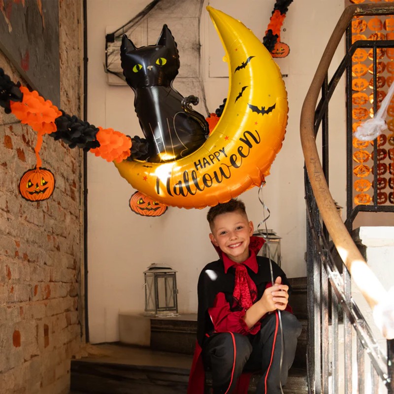 Balon foliowy Czarny Kot Księżyc Happy Halloween