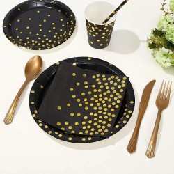 Czarne talerzyki papierowe 23cm ze złotym konfetti 10szt