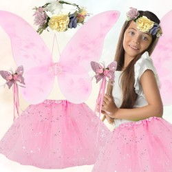 Kostium Różowa Wróżka z wiankiem i różdżką Tutu skrzydełka