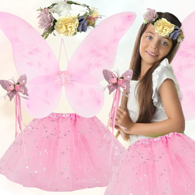 Kostium Różowa Wróżka z wiankiem i różdżką Tutu skrzydełka