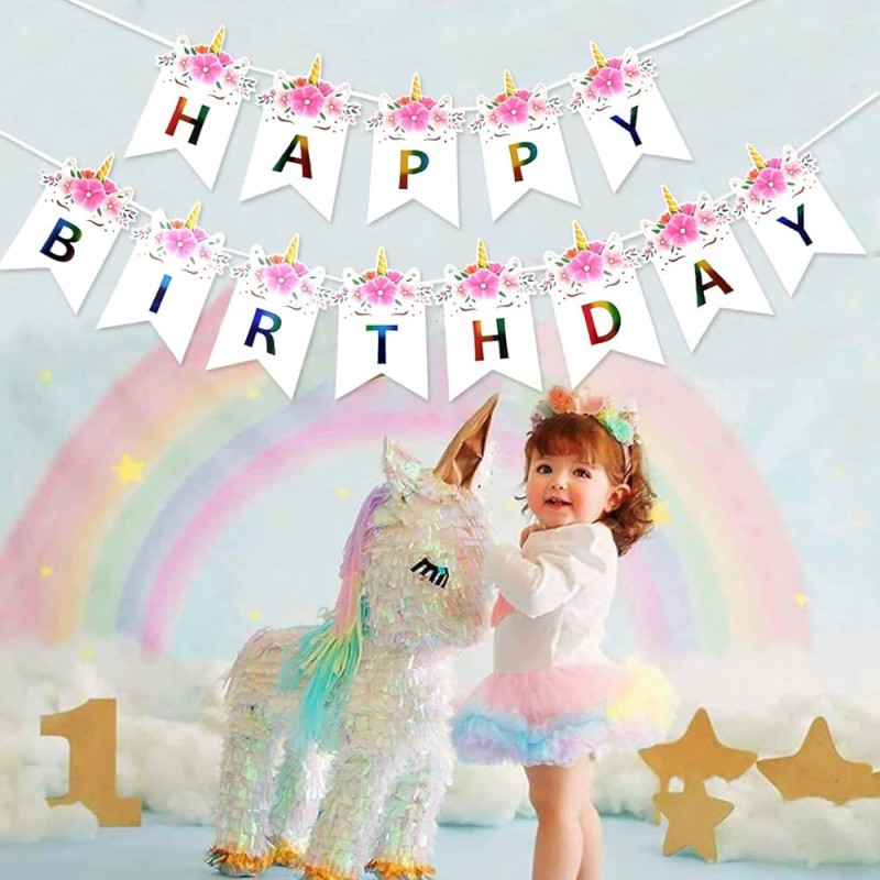 Girlanda Happy Birthday Jednorożec z opaską baner balony konfetti