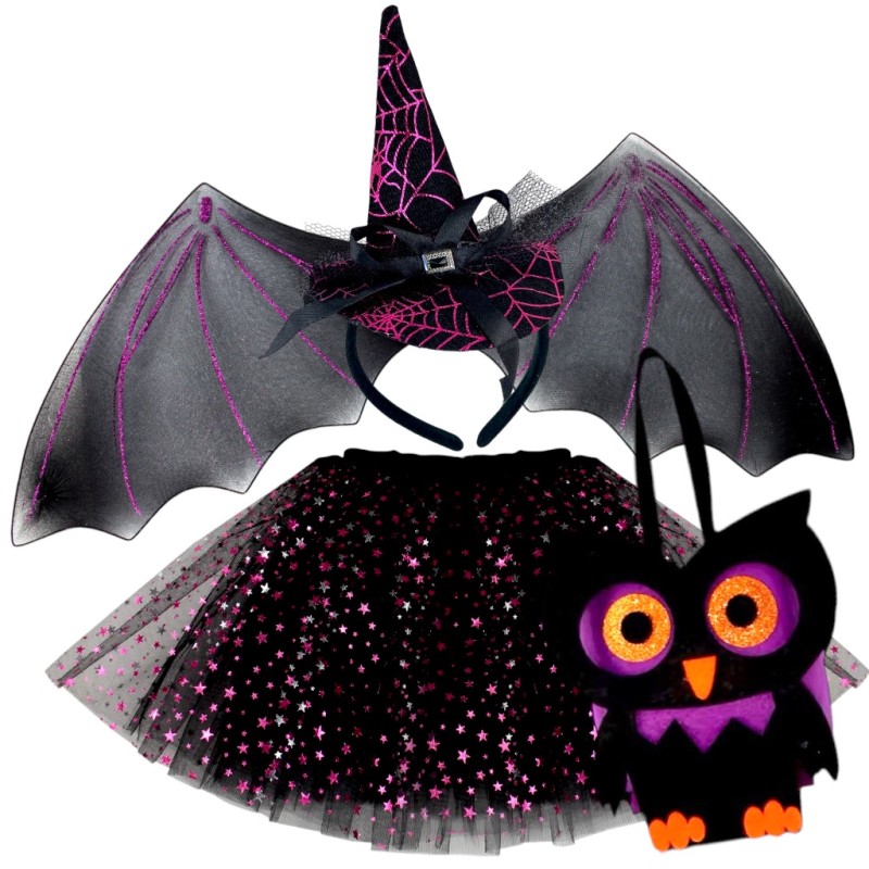 Zestaw czarownicy w kolorach czerni i fioletu nietoperz