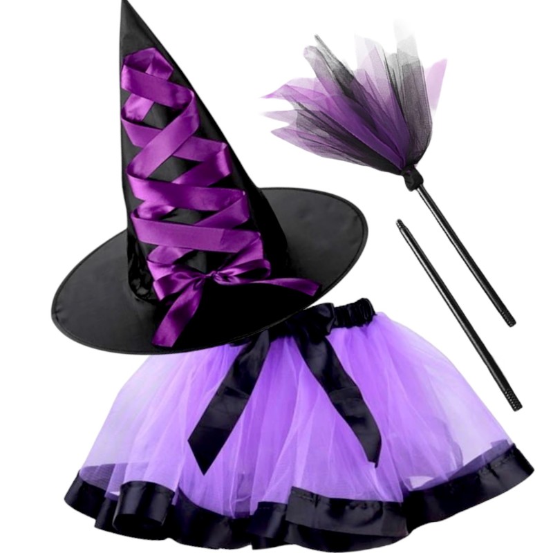 Kostium Czarownicy z miotłą Fiolet Wiedźma Halloween