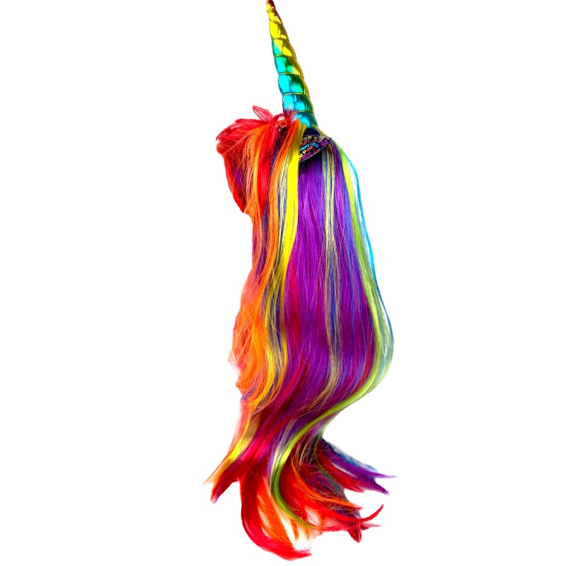 Strój Jednorożec Kolorowa Tęczowa Peruka z Rogiem Pegaz Kryształki