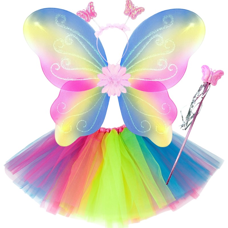 Tęczowy Zestaw Wróżki Motyl Skrzydła z kwiatem tęczowa spódniczka