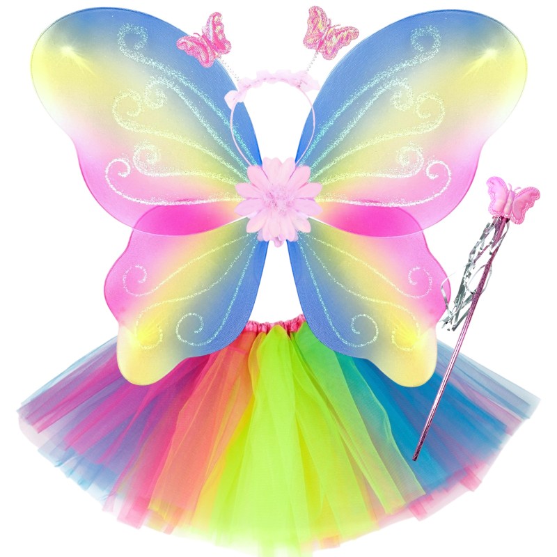 Tęczowy Zestaw Wróżki Motyl Skrzydła z kwiatem tęczowa spódniczka